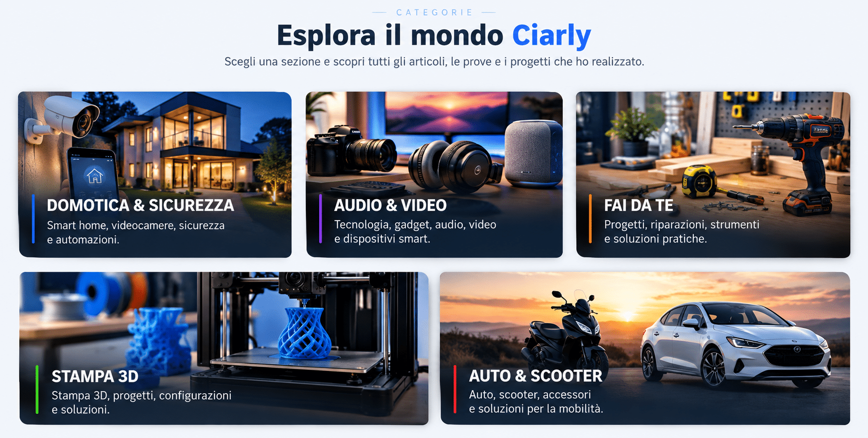Esplora il mondo Ciarly: Domotica e Sicurezza, Audio e Video, Fai da Te, Stampa 3D, Auto e Scooter